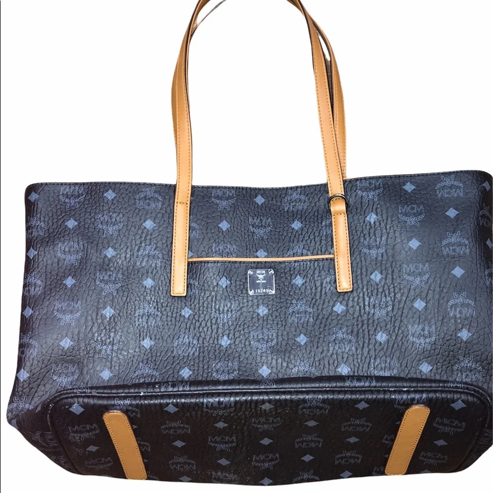 Black Patterned Tote Bag with Tan Handles